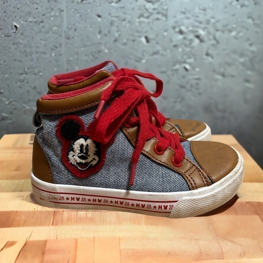 Mickey Mouse High Top Sneakers Sz 9 Red Blue Brown Faux Denim Shoes Disney